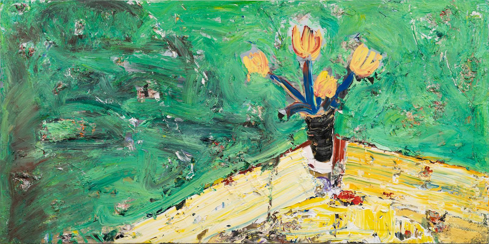 Darius Yektai Abstract Painting - Large Tulips, Yellow Table