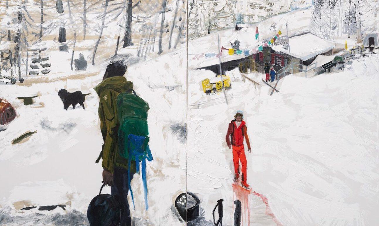 Figurative Painting de Darius Yektai - "Almuerzo en la ladera: Courmayeur" esquiadores entre la nieve blanca de los alpes franceses, díptico
