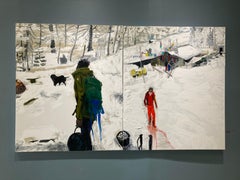 "Lunch on the Slope: Courmayeur" skiers among white snow of french alps, diptych