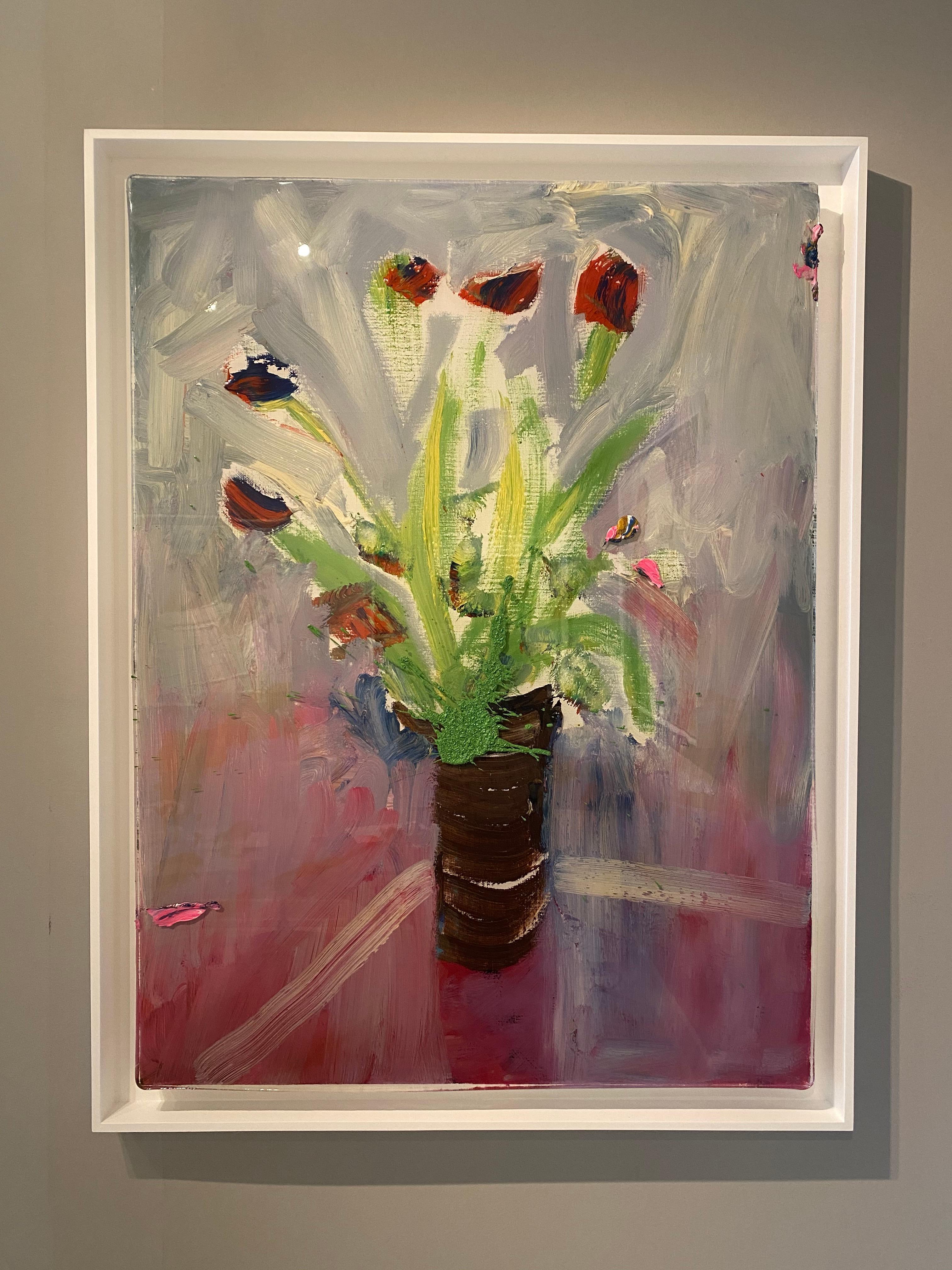 Mauve Tulips on Glass Table - Painting by Darius Yektai