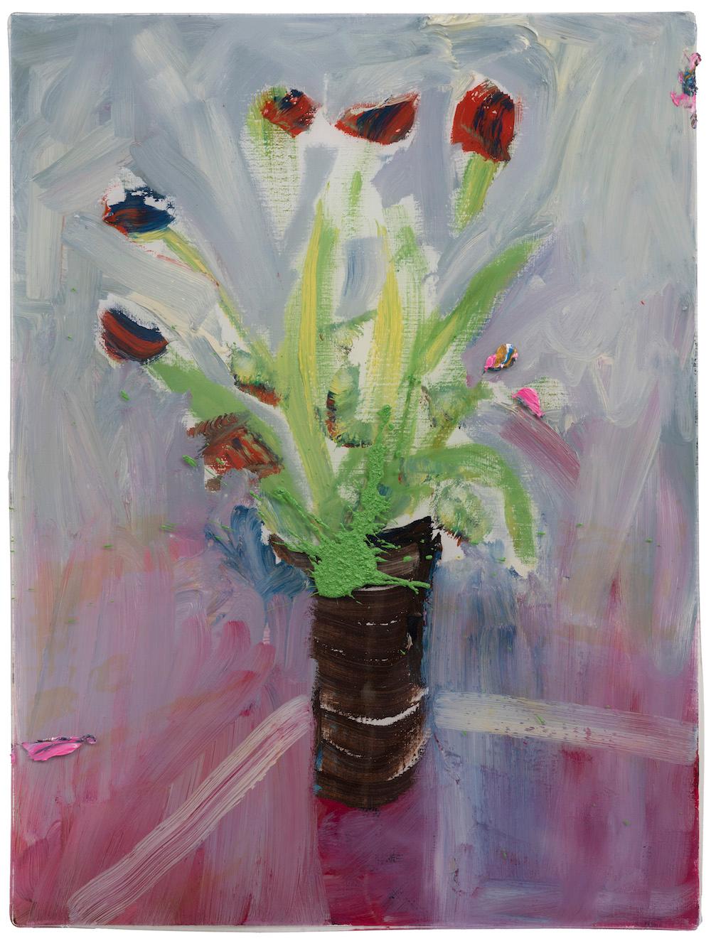Darius Yektai Still-Life Painting - Mauve Tulips on Glass Table