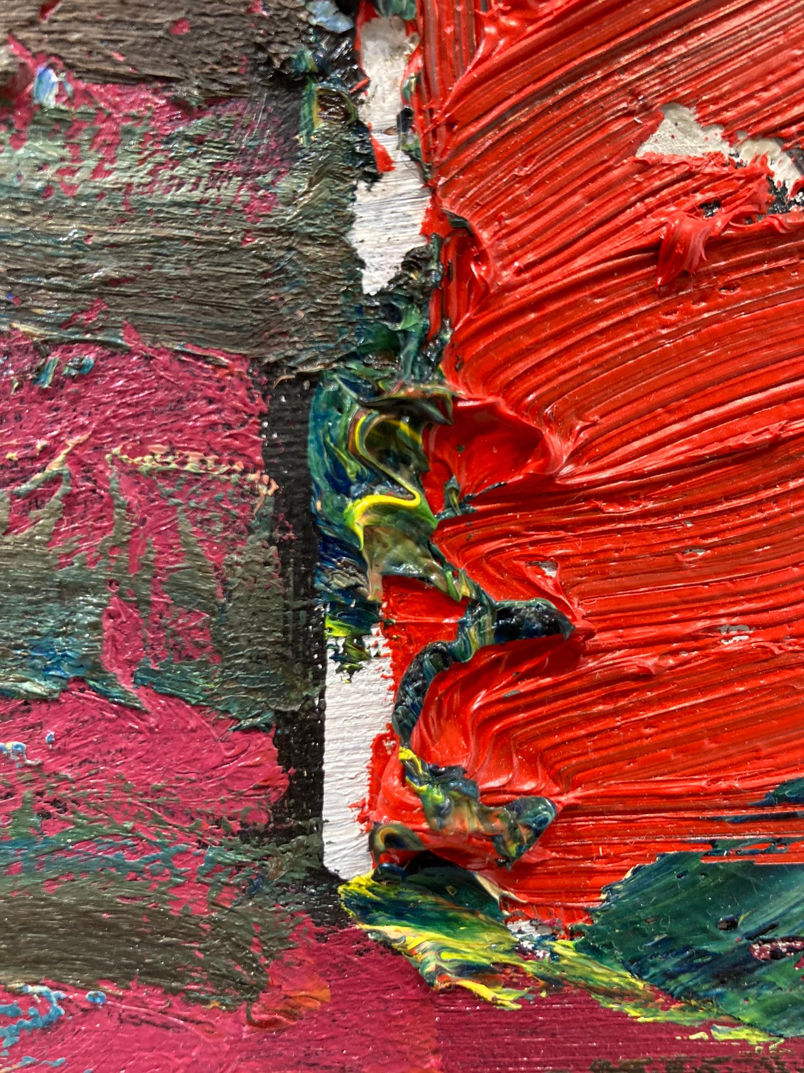 An oil painting by American Expressionist painter Darius Yektai. In his signature thick application of paint, Yektai molds a vase of flowers atop a simple footstool in primary colors, red, white, and blue. Mixtures of pigments create magenta, and