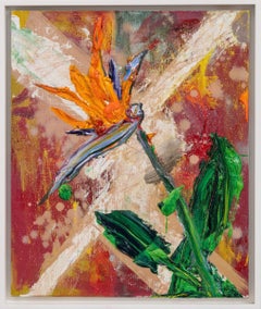 "One Bird of Paradise" abstract expressionist orange flower still life, oil