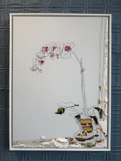 "Orchid on Edge of Window" still life of flower, minimalist, white oil painting