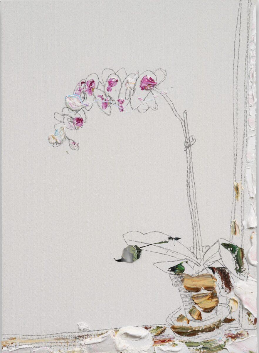 "Orchidee am Rande des Fensters" Blumenstillleben, minimalistisch, weißes Ölgemälde