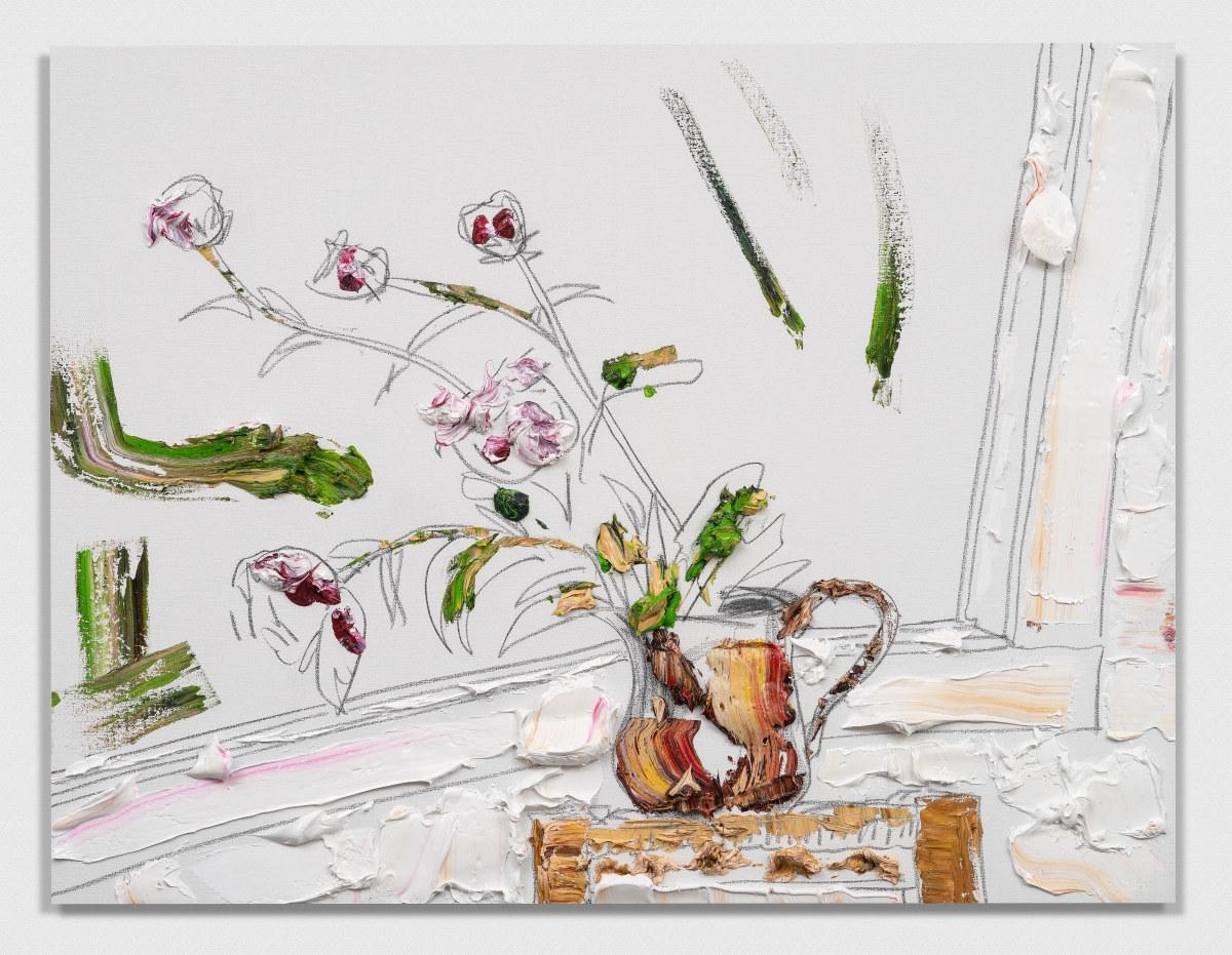 Still-Life Painting de Darius Yektai - "Peonías junto a la ventana" Pintura abstracta de peonías con grueso empaste