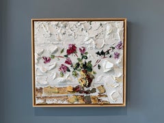 "Rosas rosas y moradas 3" pintura abstracta, bodegón, flores, empaste fuerte