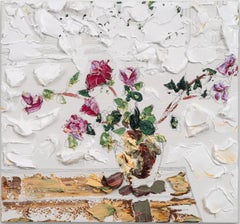 "Rosas rosas y moradas 3" pintura abstracta, bodegón, flores, empaste fuerte