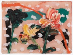 "Pink Flowers" Peinture expressionniste abstraite à l'huile et résine de flore à pois.