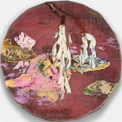 “Pink Round Pond” 3-dimensional oil painting, pink resin tondo, waterlilies