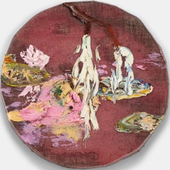 “Pink Round Pond” 3-dimensional oil painting, pink resin tondo, waterlilies