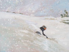 "Powder Day" pintura al óleo expresionista abstracta de esquiador en montaña nevada
