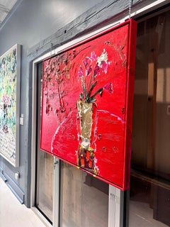 "Paisaje de mesa rojo" Bodegón de flores en un jarrón con árboles, atrevido tono rubí