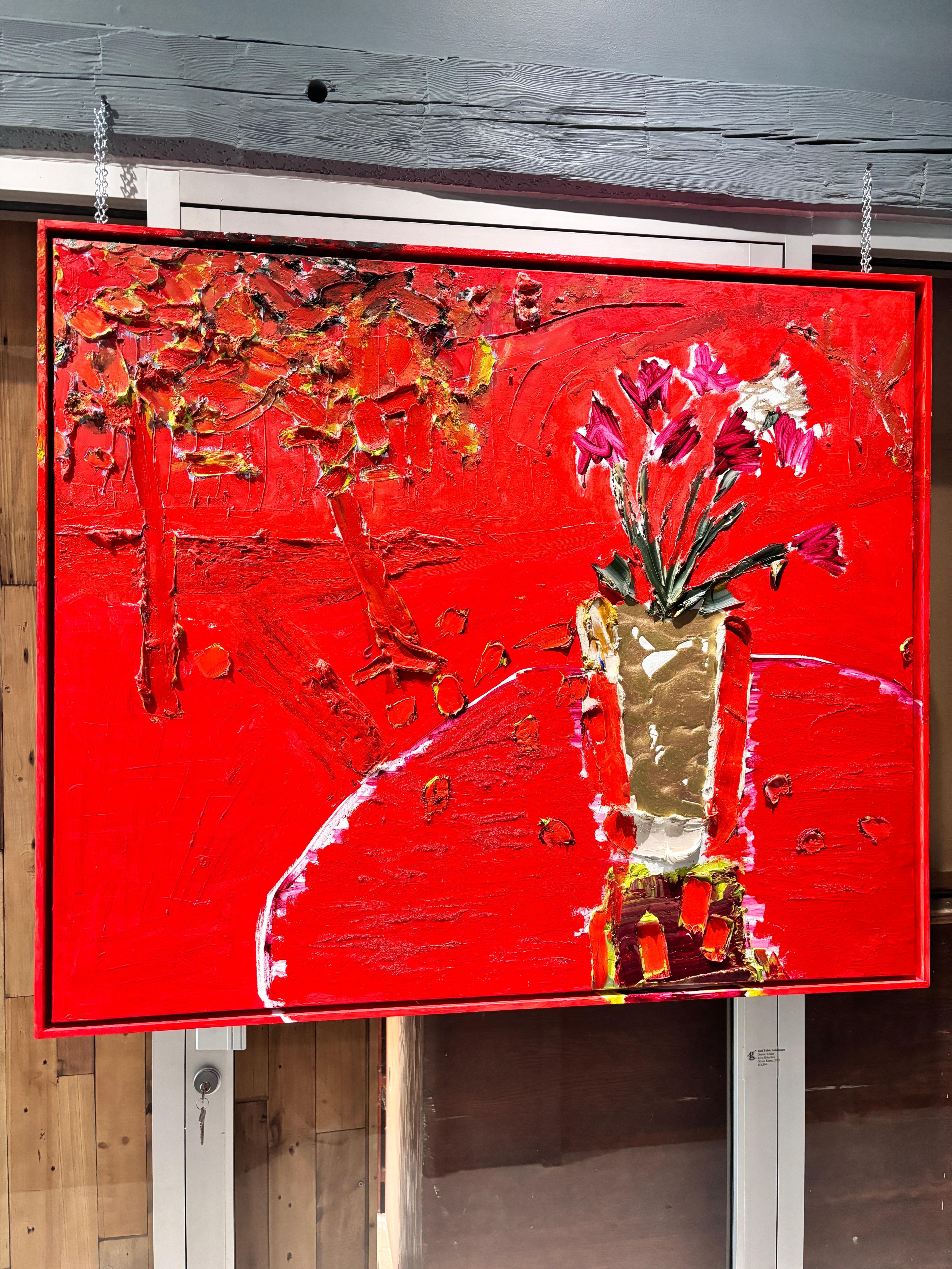 A red on red painting framed in a matching red floating frame. The only relief from the bright red hue is the gold vessel holding the flowers, and the scraped away white edge of a table. 

Darius Yektai was born in Southampton, NY, in 1973. He lives