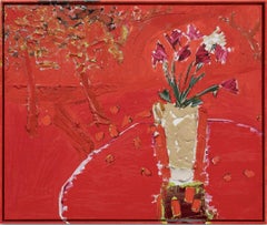 "Red Table Landscape" Still life of flowers in a vase with trees, bold ruby hue