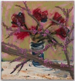 "Redbud 2" Ölgemälde von roten Tulpen in Vase, Stillleben, warme Töne