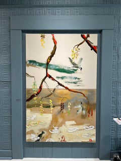 "Reflections: Skimming Tern" oil resin fixed diptych of Beach Bird on Lily Pond