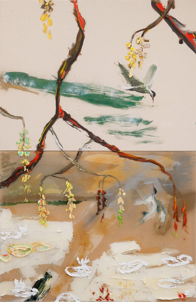 Landscape Painting di Darius Yektai - "Riflessioni: Ternes" Riflessione di un colibrì sullo stagno delle ninfee