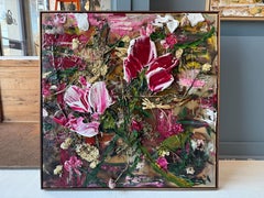 “Roses and Flowers” abstract expressionist oil painting organic flora assemblage