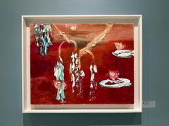 “Scarlet Pond” abstract expressionist painting, waterlilies on pond, warm tones