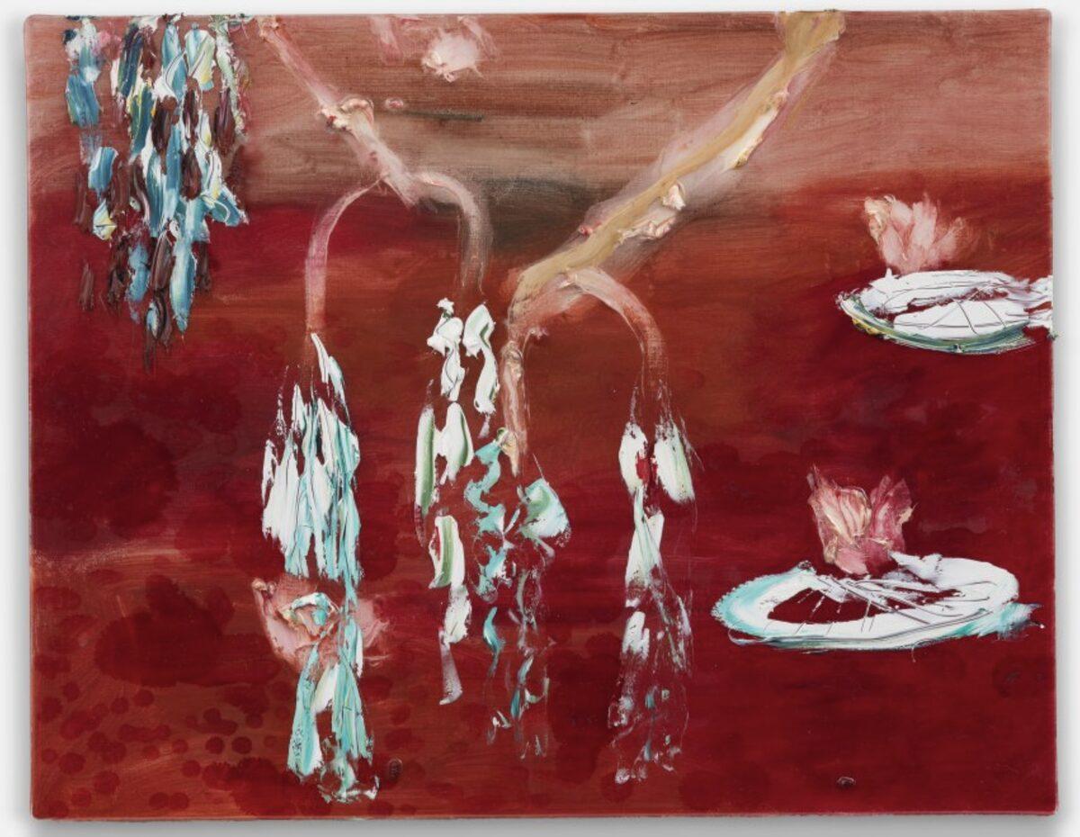 “Scarlet Pond” abstract expressionist painting, waterlilies on pond, warm tones