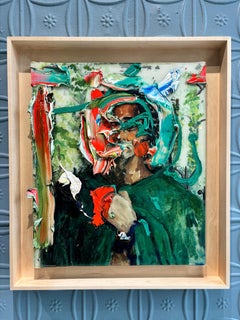 "Self Portrait with Green Cape" Post Modern oil painting, artist w thick paint
