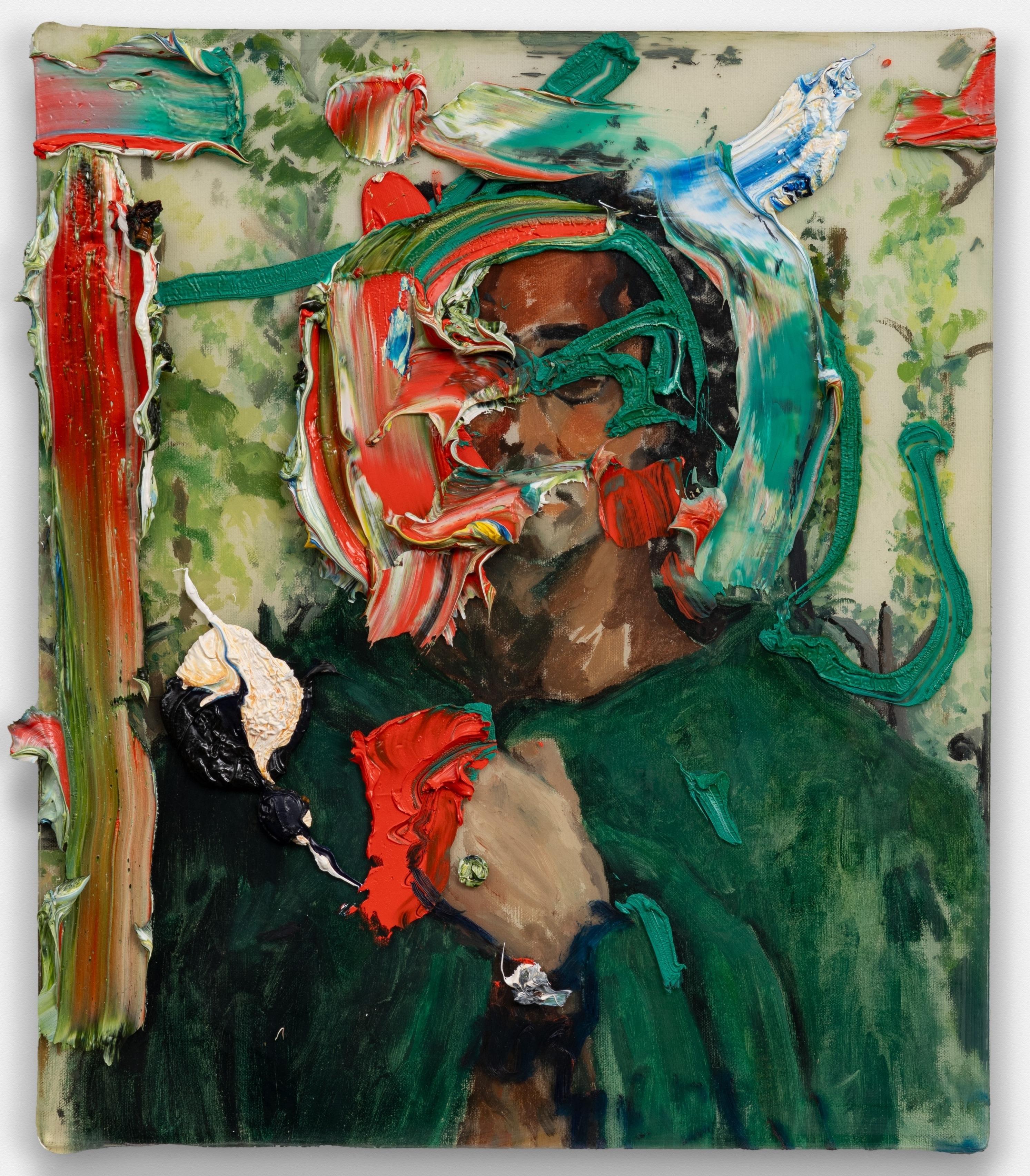 "Self-Portrait con mantello verde" Pittura a olio postmoderna, artista con vernice spessa