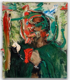 "Self Portrait with Green Cape" Post Modern oil painting, artist w thick paint