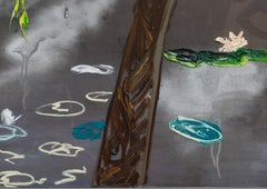 "Silver Pond V" Contemporary oil painting with resin - 3 dimensional waterlilies