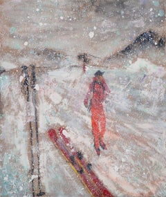 "Snow on Top of Vallorcine" 2024 oil painting of Skiing in a snowstorm Chamonix