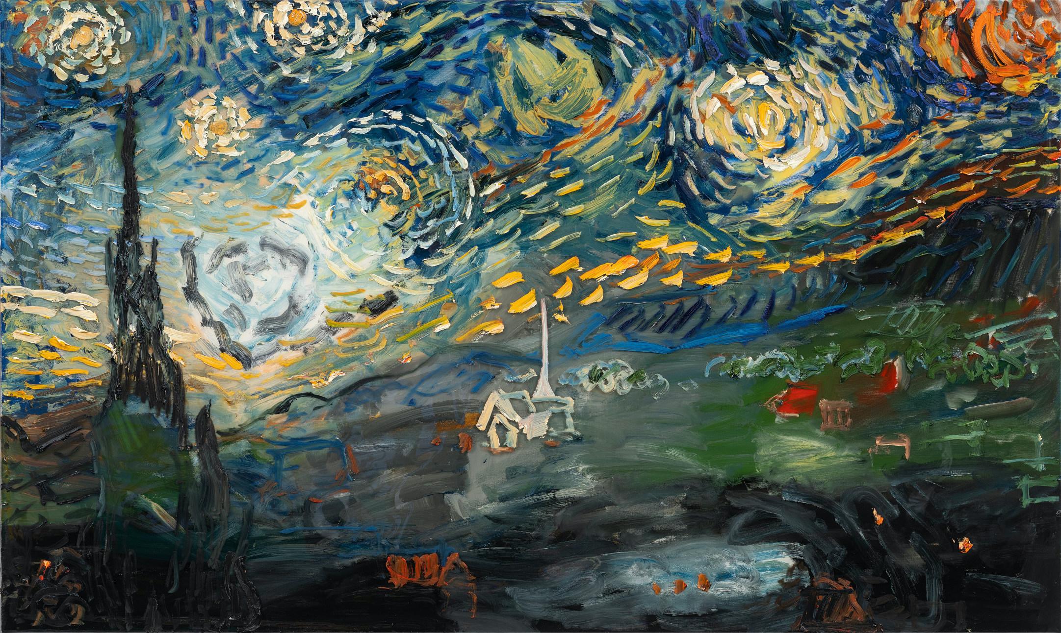 Darius Yektai Abstract Painting - "Starry Night 2"  Neo Abstract Expressionist take on Van Gogh's famous painting