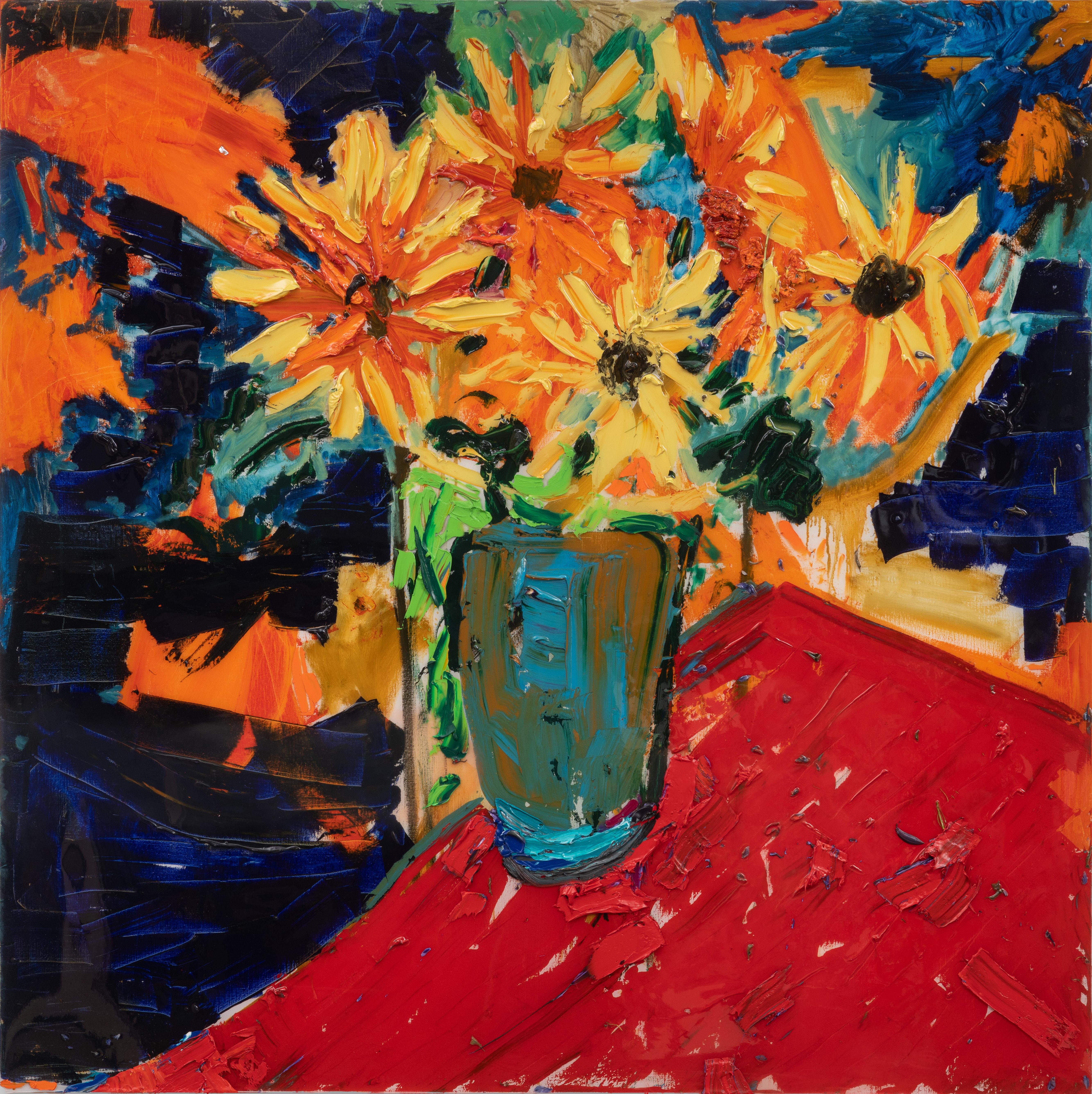 Darius Yektai Still-Life Painting - Sunflower Vase Red Table