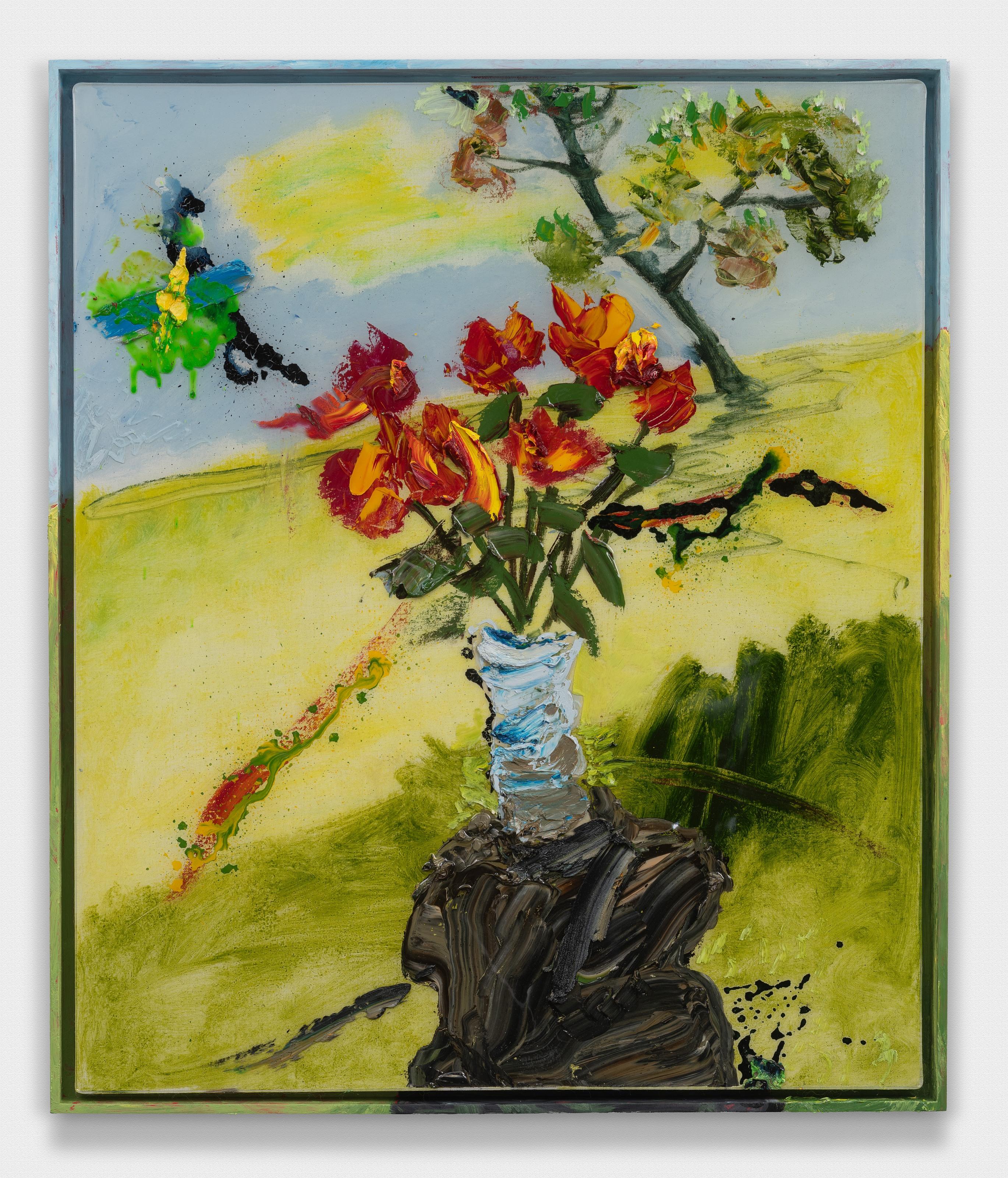 Still-Life Painting Darius Yektai - "Sunset Roses in Blue Vase on Rock" nature morte de fleurs rouges sur une colline, encadrée.
