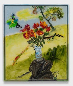 "Sunset Roses in Blue Vase on Rock" still life of red flowers on hill, framed