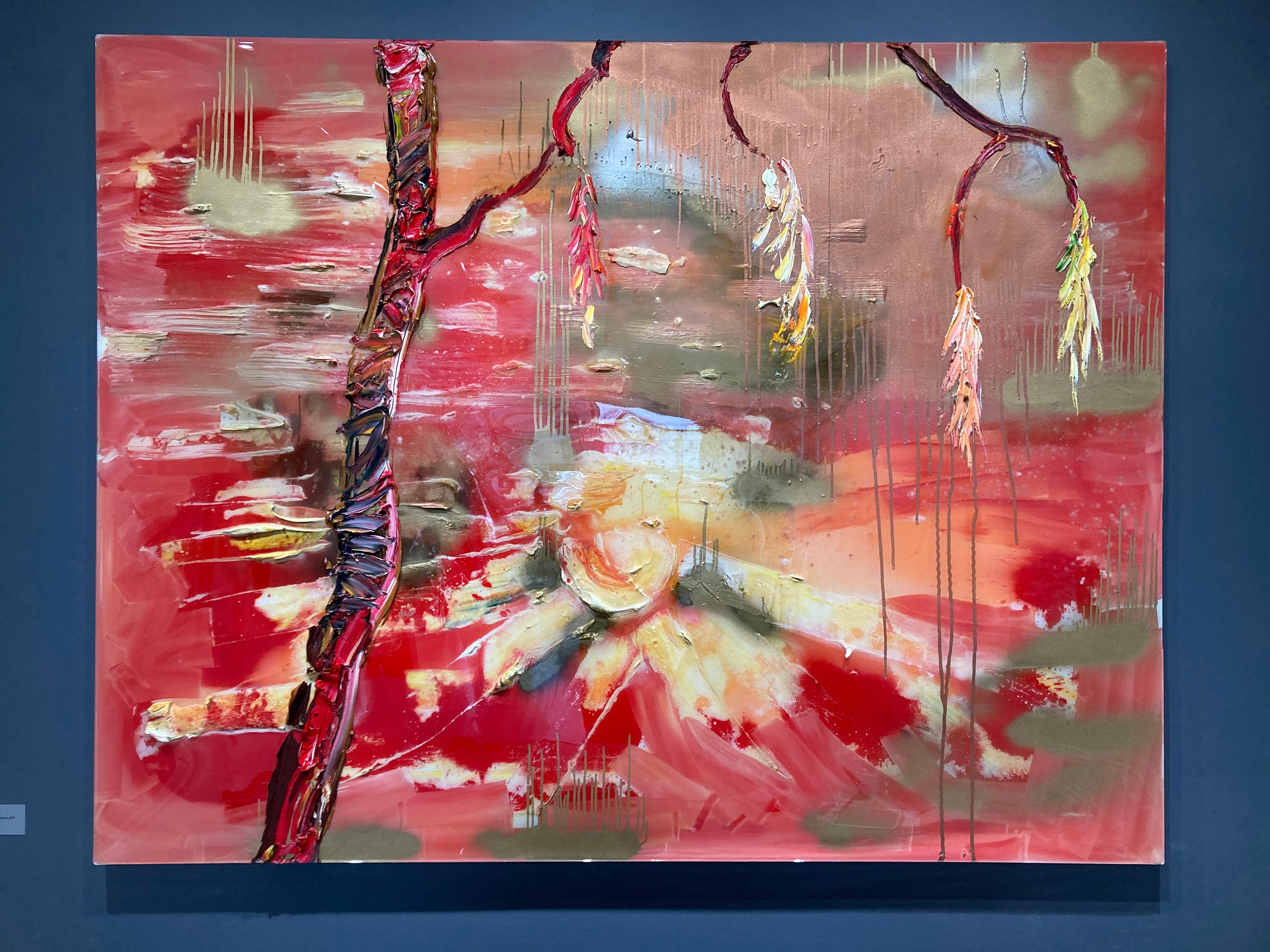 Peinture à l'huile expressionniste abstraite brillante représentant un étang et un arbre - Painting de Darius Yektai