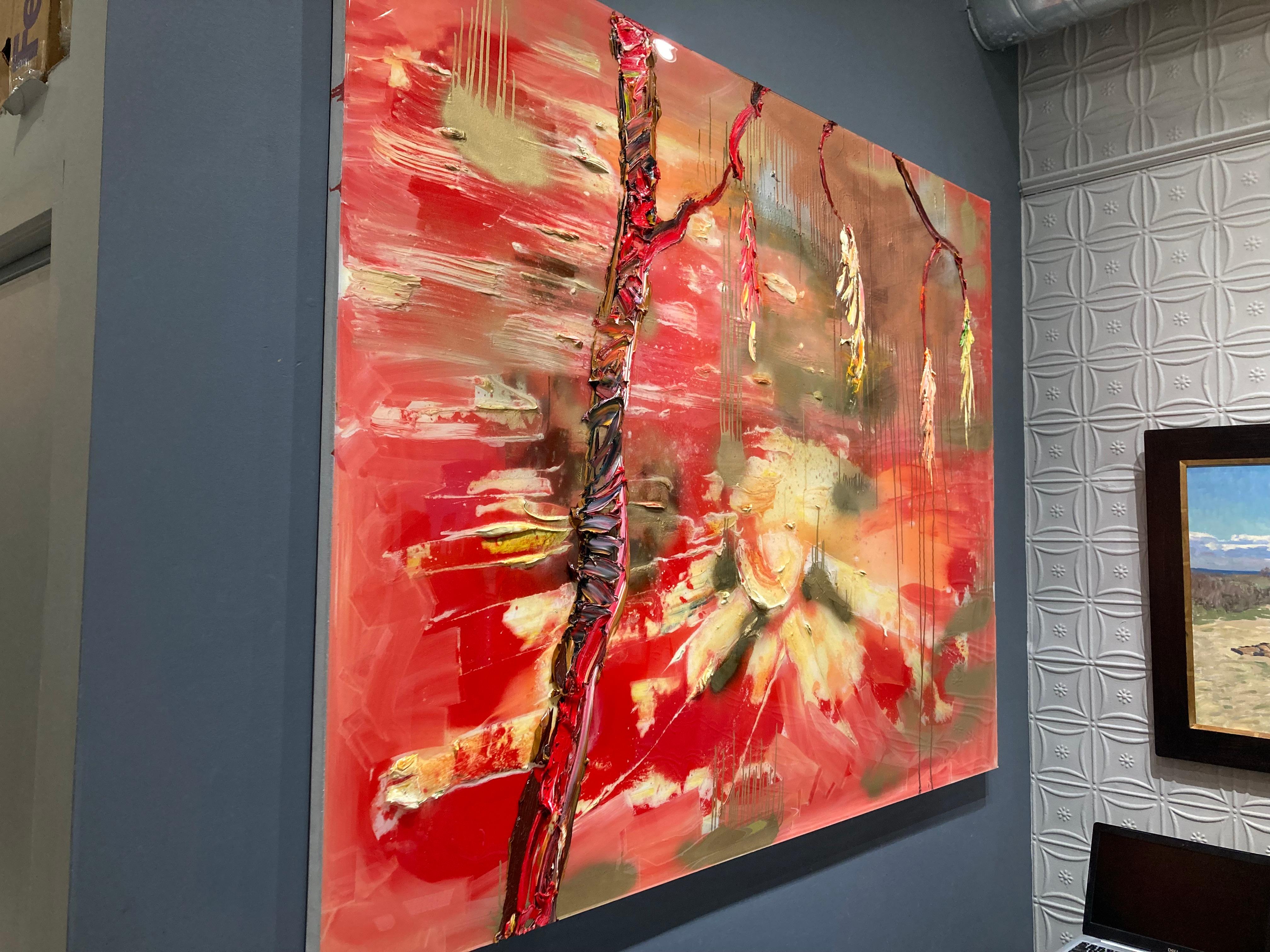 Peinture à l'huile expressionniste abstraite brillante représentant un étang et un arbre - Expressionnisme abstrait Painting par Darius Yektai
