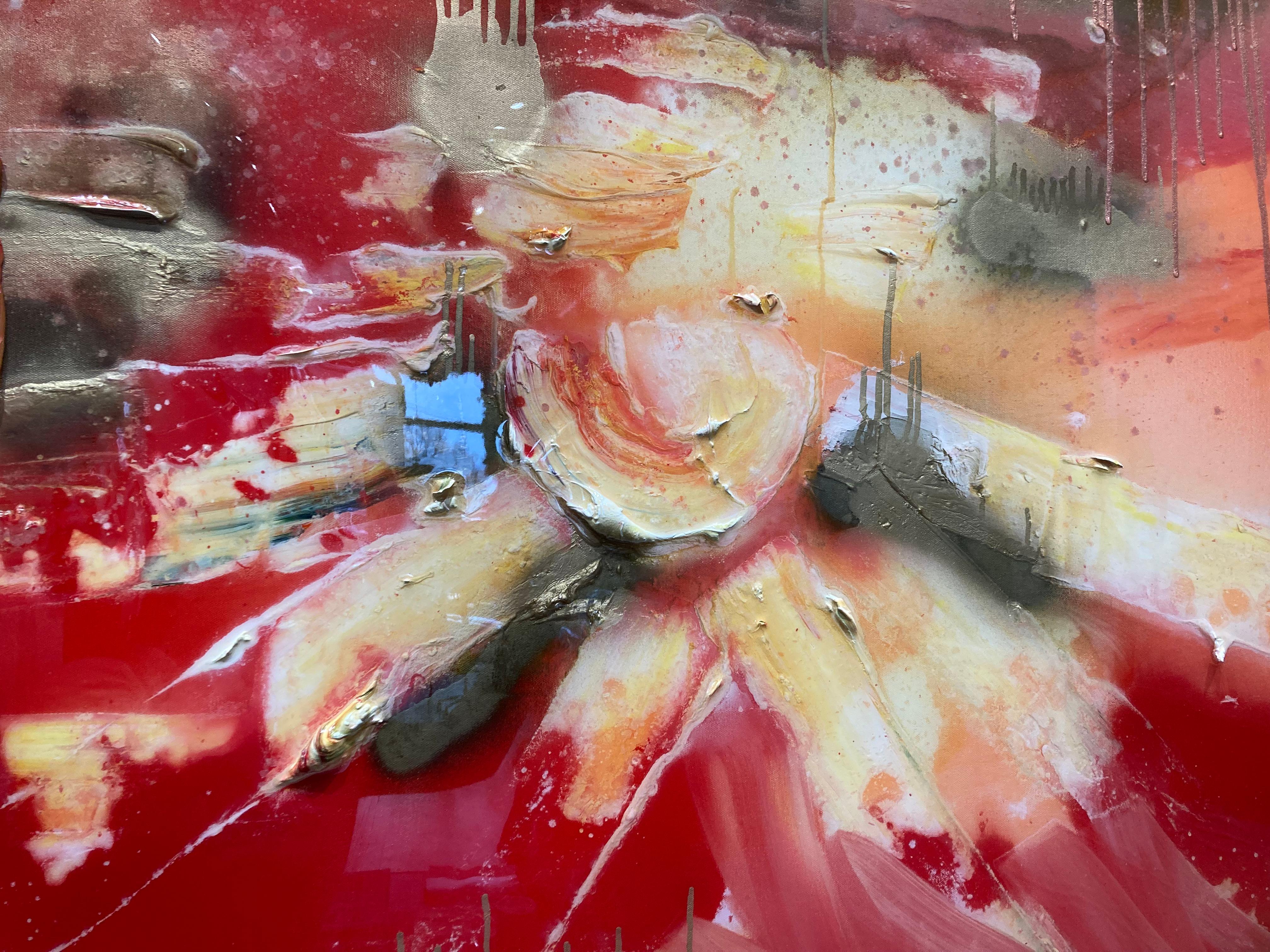 Peinture à l'huile expressionniste abstraite brillante représentant un étang et un arbre en vente 1