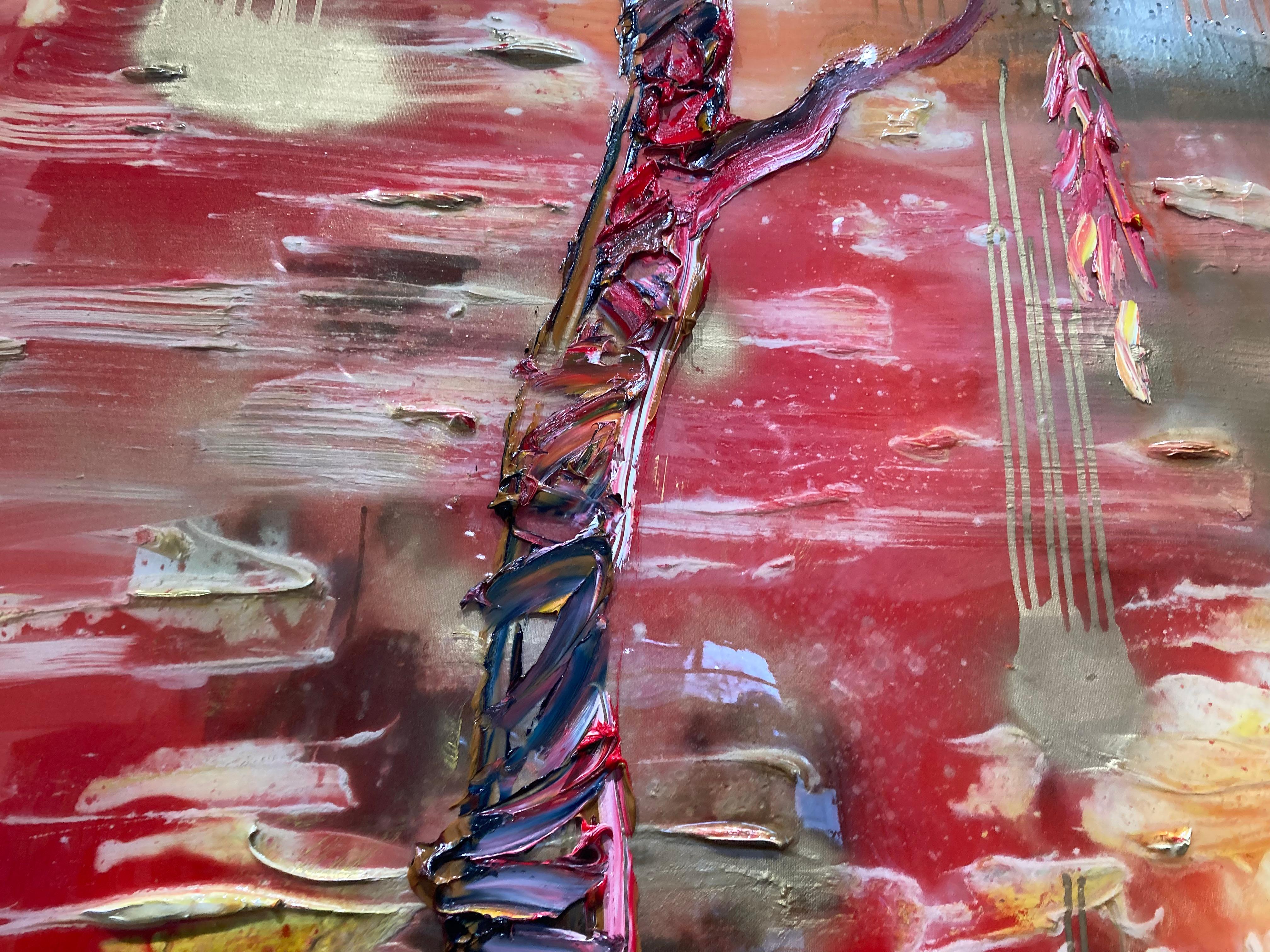 Peinture à l'huile expressionniste abstraite brillante représentant un étang et un arbre en vente 2