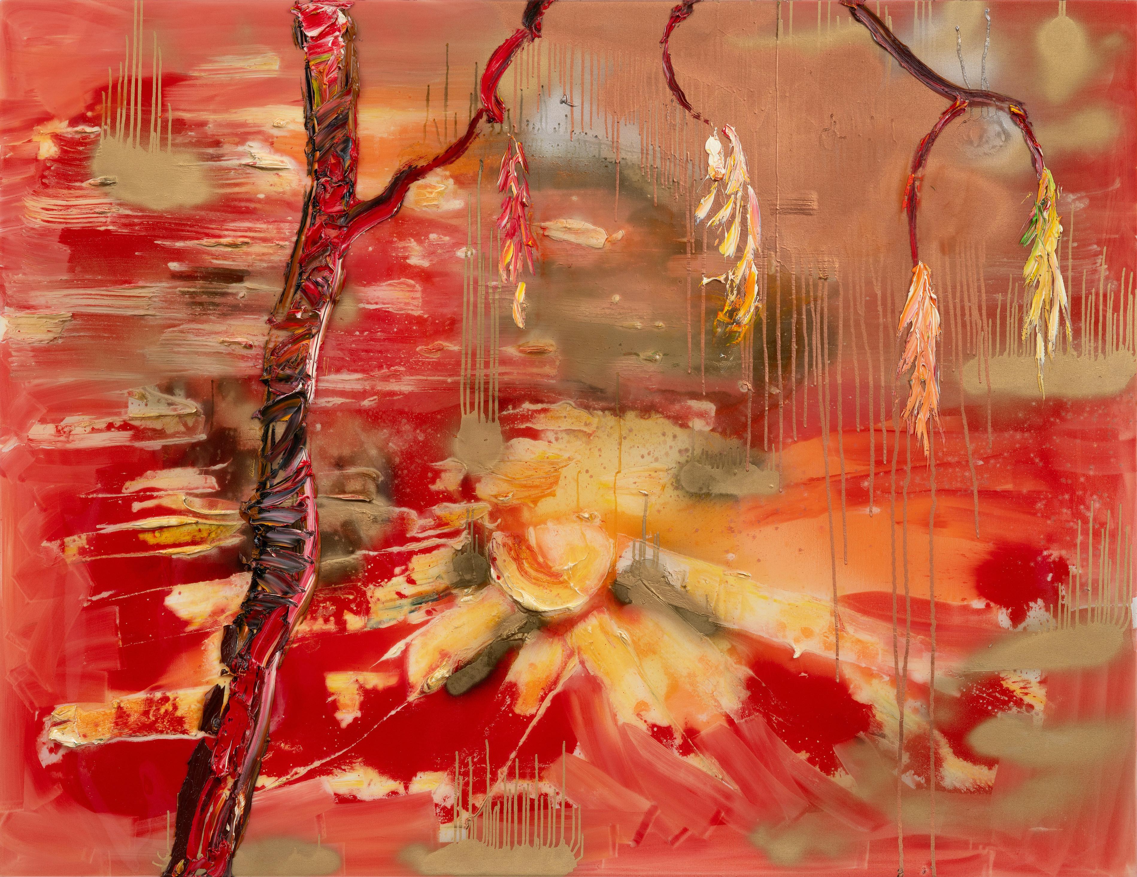 Abstract Painting Darius Yektai - Peinture à l'huile expressionniste abstraite brillante représentant un étang et un arbre