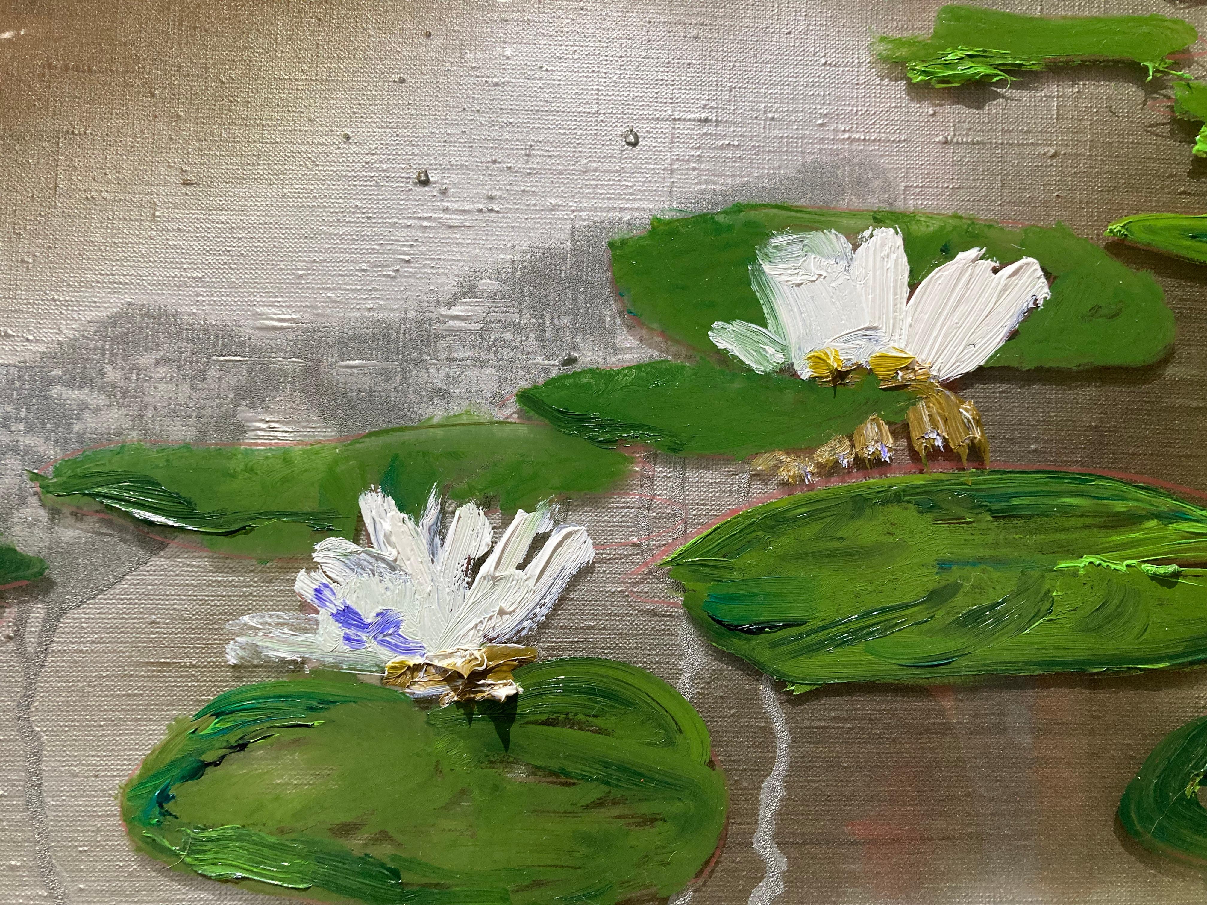 Abstract expressionist painting of a lily pond. This painting is a continuation of Yektai's Silver Pond series, but instead of using his usual oversized canvas, Yektai created a silver pond in a more accessible format without compromising the