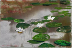 "Lirios de superficie en estanque Silver" Pintura neoexpresionista de un estanque de lirios