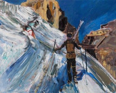 "Desvíos en la Aiguille Du Midi"  Paisaje invernal pintura esquiador de montaña