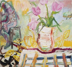 "The Patio Lesson" large colorful oil painting of pink tulips in ceramic vase