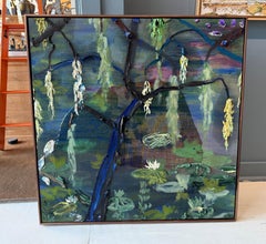 "Tree Pond 2" Abstract Painting, Oil & Resin on linen, 44x44 Inches, framed