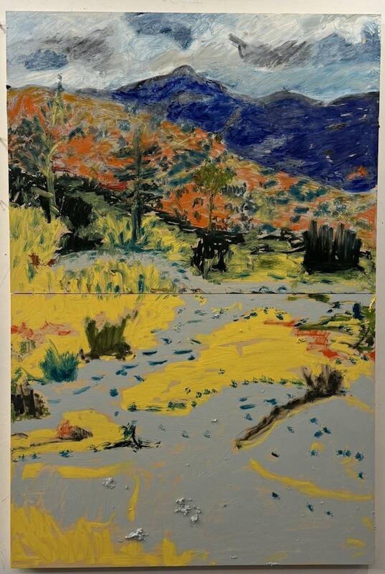 Darius Yektai Abstract Painting - "View From Baxter" modern landscape oil painting, mountains, diptych, colorful