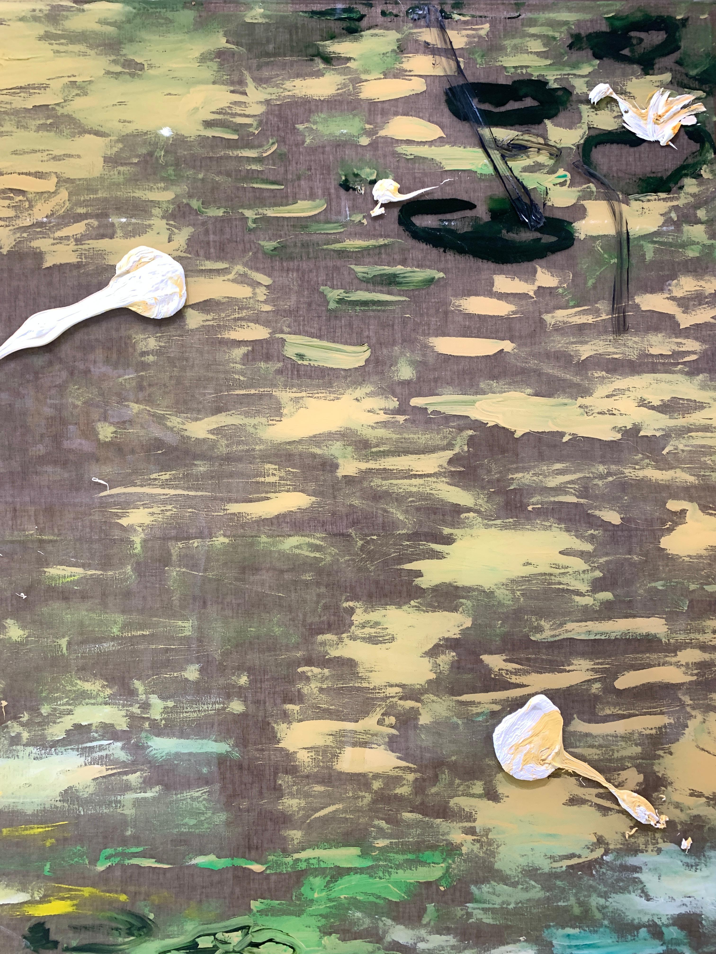 Waterlilies ist ein Gemälde auf Leinen, das aus Schichten von Ölfarbe, Acrylfarbe und Harz besteht. Die natürliche Farbe des Rohleinen bildet die Grundlage des Bildes. Schwaden von Öl- und Acrylfarbe werden direkt auf das Leinen aufgetragen. Dann