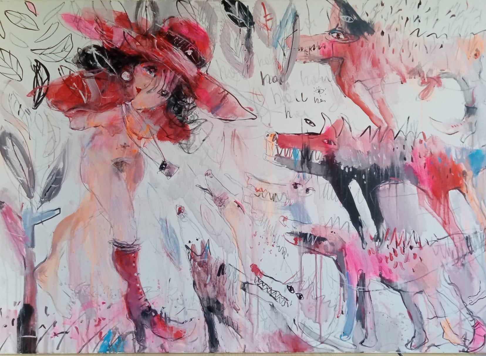 Dariusz Grajek Figurative Painting - Red Riding Hood and Wolfs