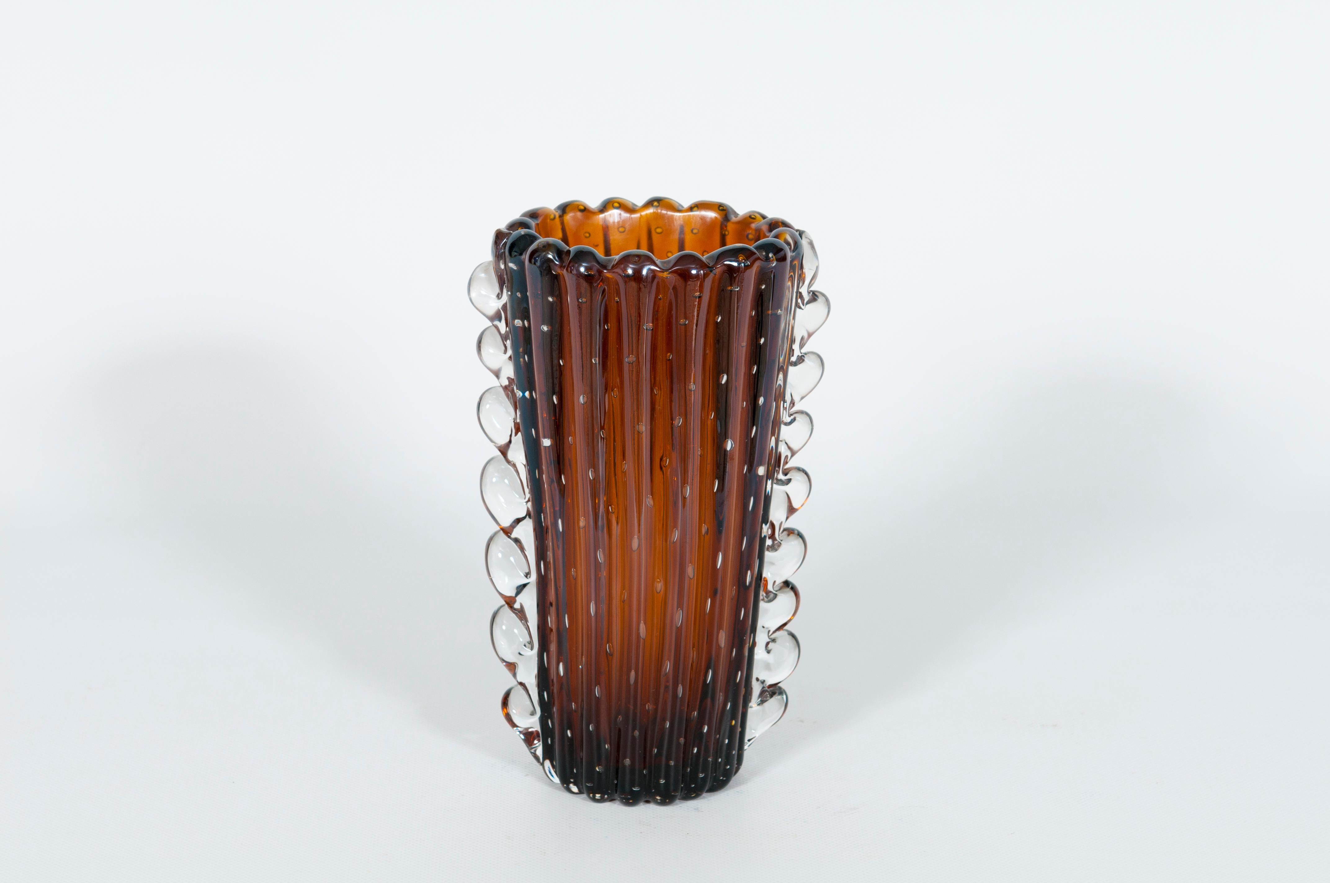 Modern Dark Amber Color Murano Glass Bubble Vase Attributed to Seguso 1980s Italy For Sale