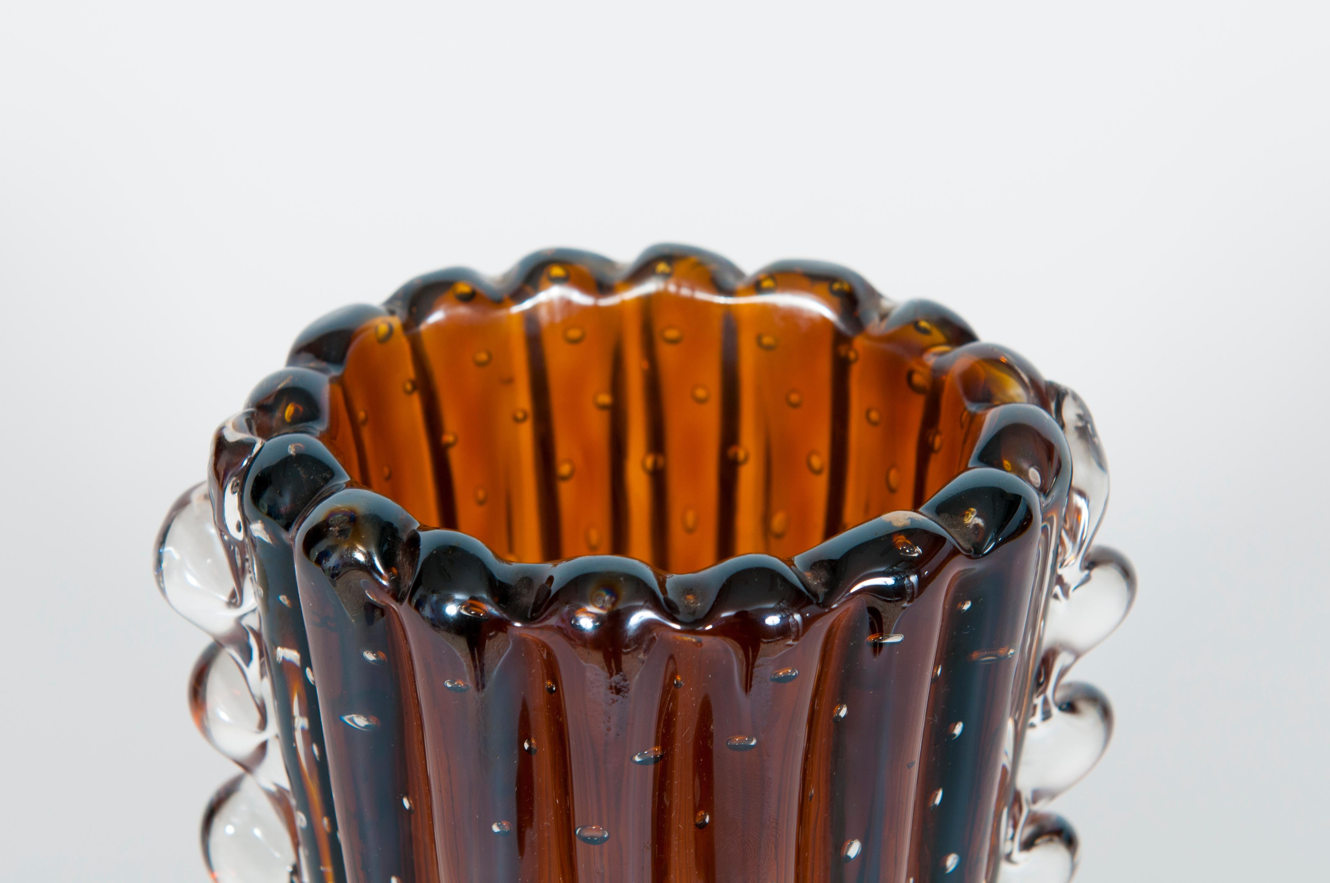 Italian Dark Amber Color Murano Glass Bubble Vase Attributed to Seguso 1980s Italy For Sale