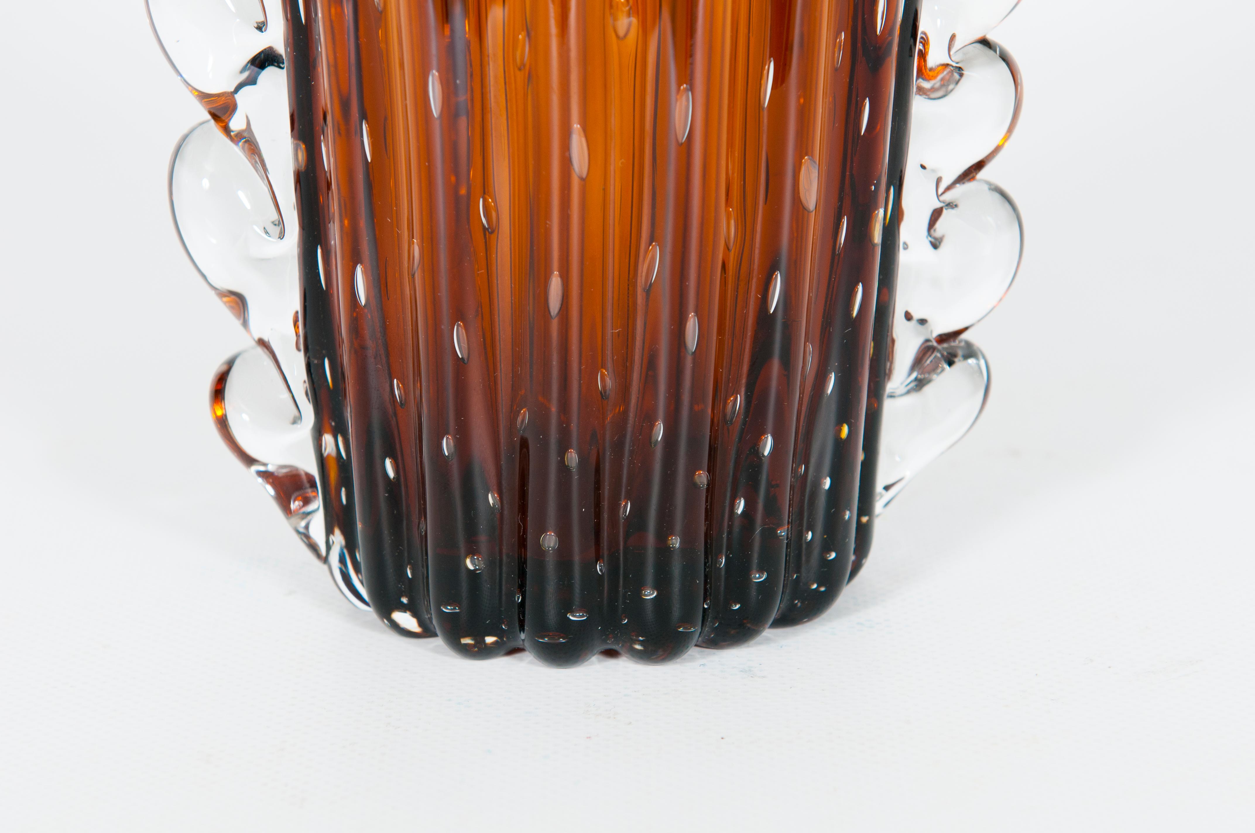 Dark Amber Color Murano Glass Bubble Vase Attributed to Seguso 1980s Italy In Excellent Condition For Sale In Villaverla, IT
